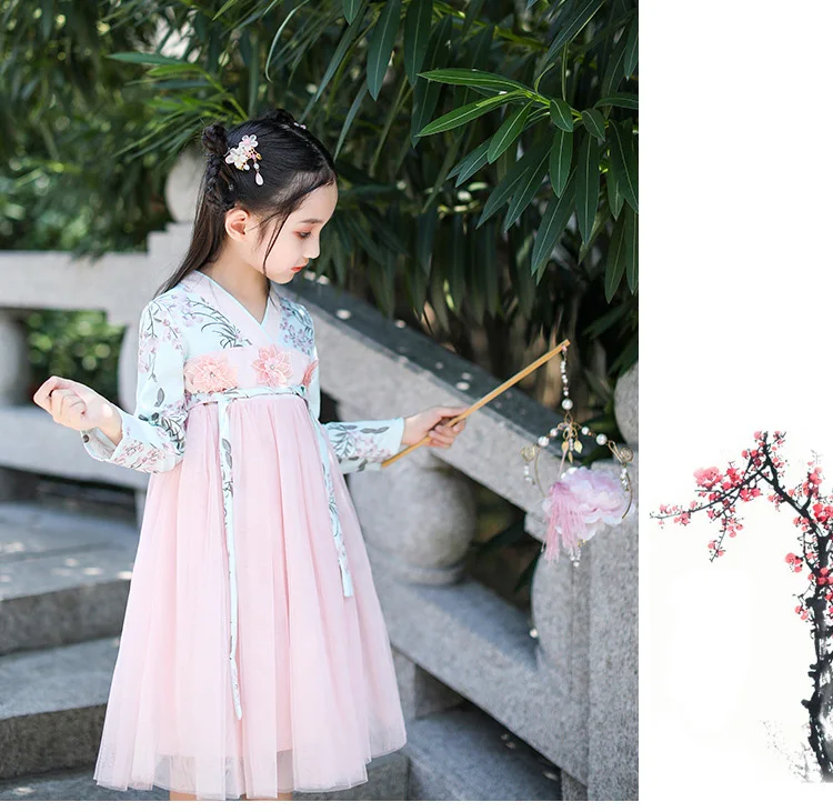 Hanfu/платье принцессы для девочек; коллекция года; сезон осень-зима; Новинка; китайский стиль; Ретро; детская одежда для детей 2, 8, 10 лет; праздничное платье принцессы для маленьких девочек