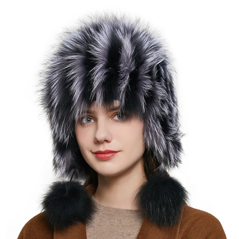 HY-02 New Popular Style winter Accessories Skullies & Beanies Fox Fur Knitted Fur Hat Silver Fox Knitted Women's Hat