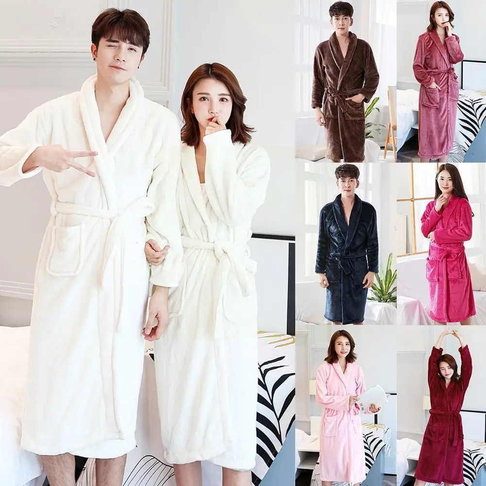 

Flannel Couple Winter Nightgown Bathrobe Thicken Long Mid-length And Men's Pajamas Women's Sleeve P4g1