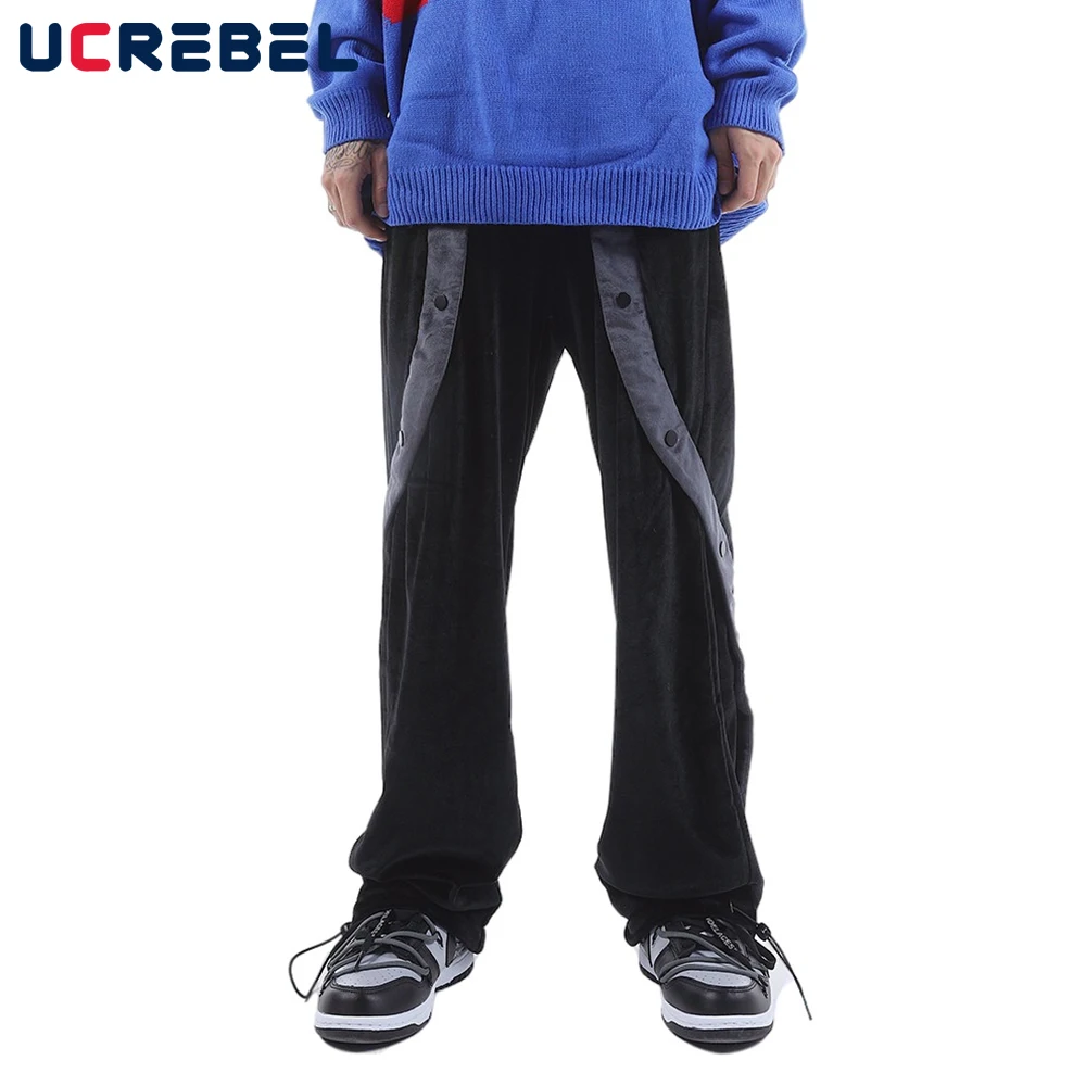 

Contrast Paneled Velvet Trousers Mens Streetwear Color Block Casual Pants High Street Loose Straight-leg Pants Men