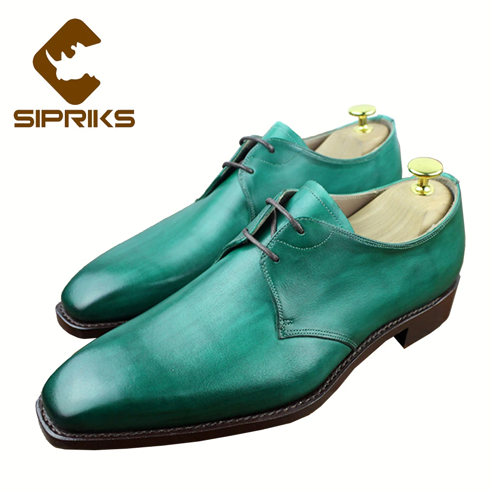 

SIPRIKS Mens Green Leather Dress Shoes Italian Custom Calf Skin Outsoled Square Toe Derby Boots Gents Suits Male Goodyear Welted