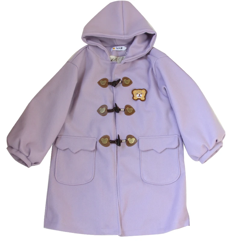 

Japanese Embroidery Bear Horn Buttons Loose Woolen Cloth Jacket Female Padded Coat Girl Student Mid-length Overcoat Winter Outer