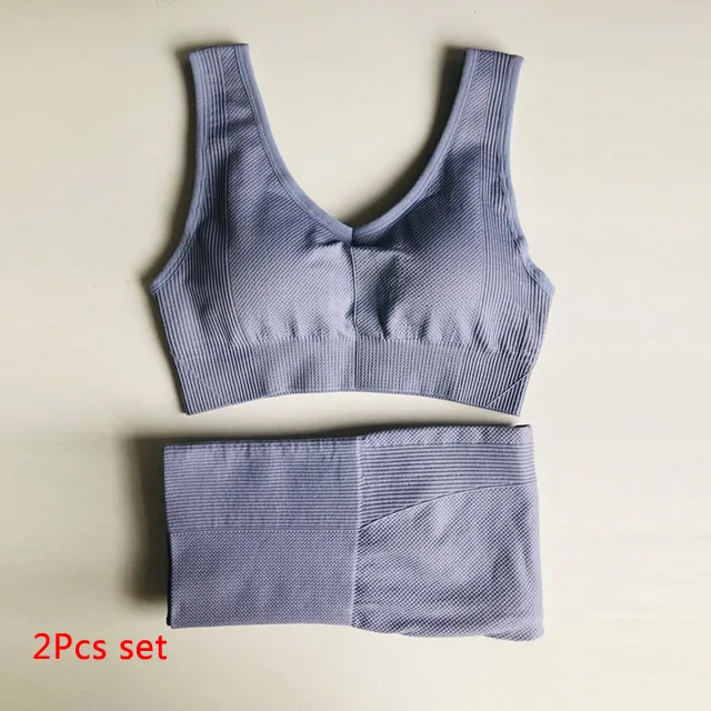 Gray blue 2pcs set Комплект из 2 предметов, бесшовный комплект для йоги, женская одежда для спортзала фитнеса, леггинсы с высокой талией, спортивный бюстгальтер, спортивная одежда для бега - Цвет: Gray blue 2pcs set
