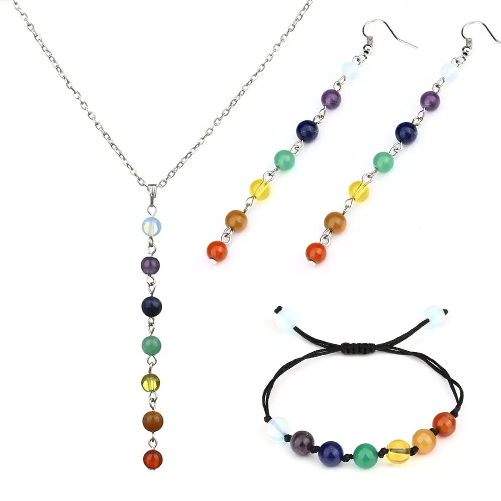 

LOULEUR 7 Rainbow Reiki Chakra Pendants Necklace Sets Opal Round Beads Natural Stone Necklaces Collier Femme Women Jewelry