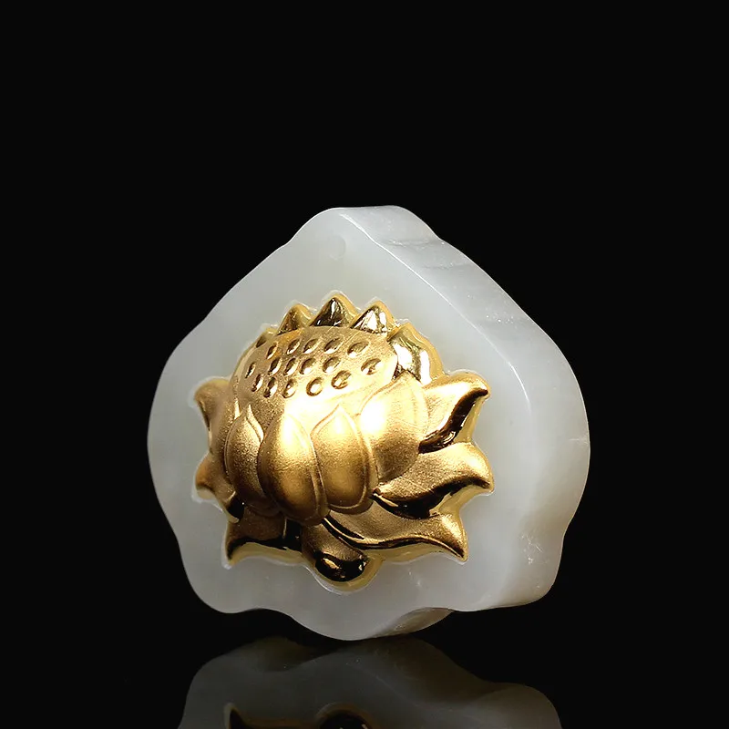 Натуральный китайский белый нефрит кулон мозаика Золотой лотос корень красивые