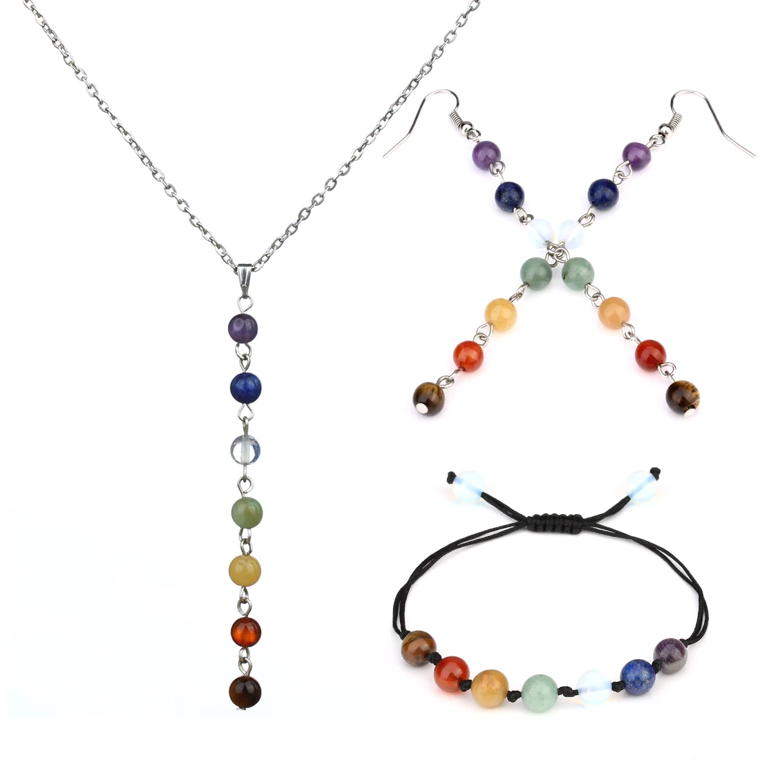 

7 Chakra Healing Yoga Reiki Prayer Bead Stones Bracelet Necklace Earring Balance Rainbow Round Natural Stone Jewelry For Women