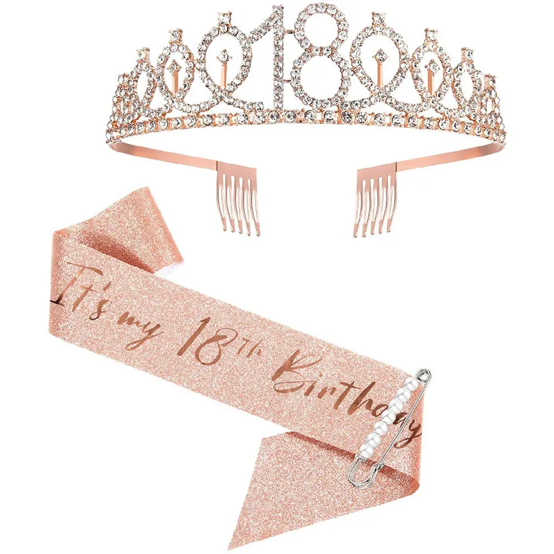 

Rose Gold Crown Tiara for Birthday Girl Teen Sashes+Crystal Crown It's My 3 5 6 13 15 16th Birthday Sash Party Decor Supplies