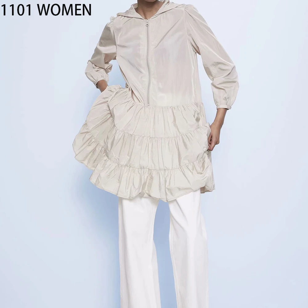 2020 Новое весеннее женское бежевое однотонное Каскадное платье с длинным рукавом