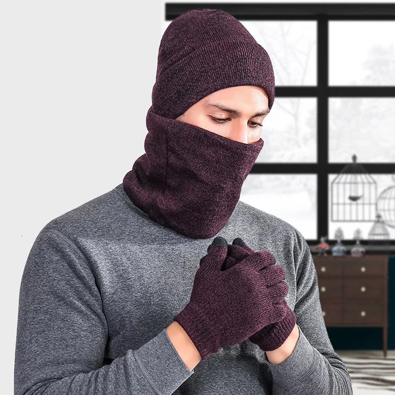 2019 модный мужской вязаный комплект из 3 предметов зимняя теплая вязаная шапка +