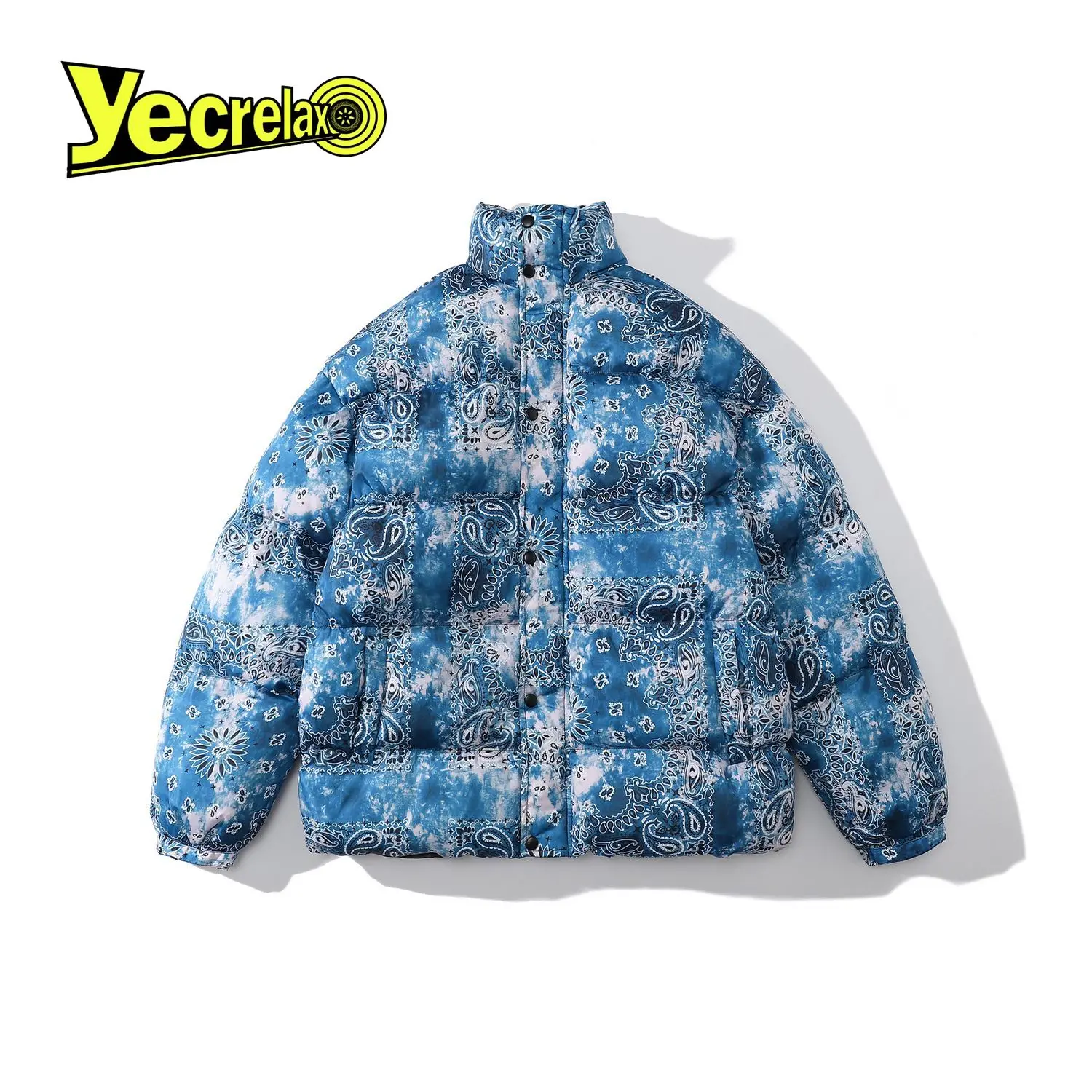

Blue Cashew Flowers Printing Jackets Coats Down Warm Bomber Padded Parka Casual Outwear Down Bomber Winter Jacket Zipper Parkas