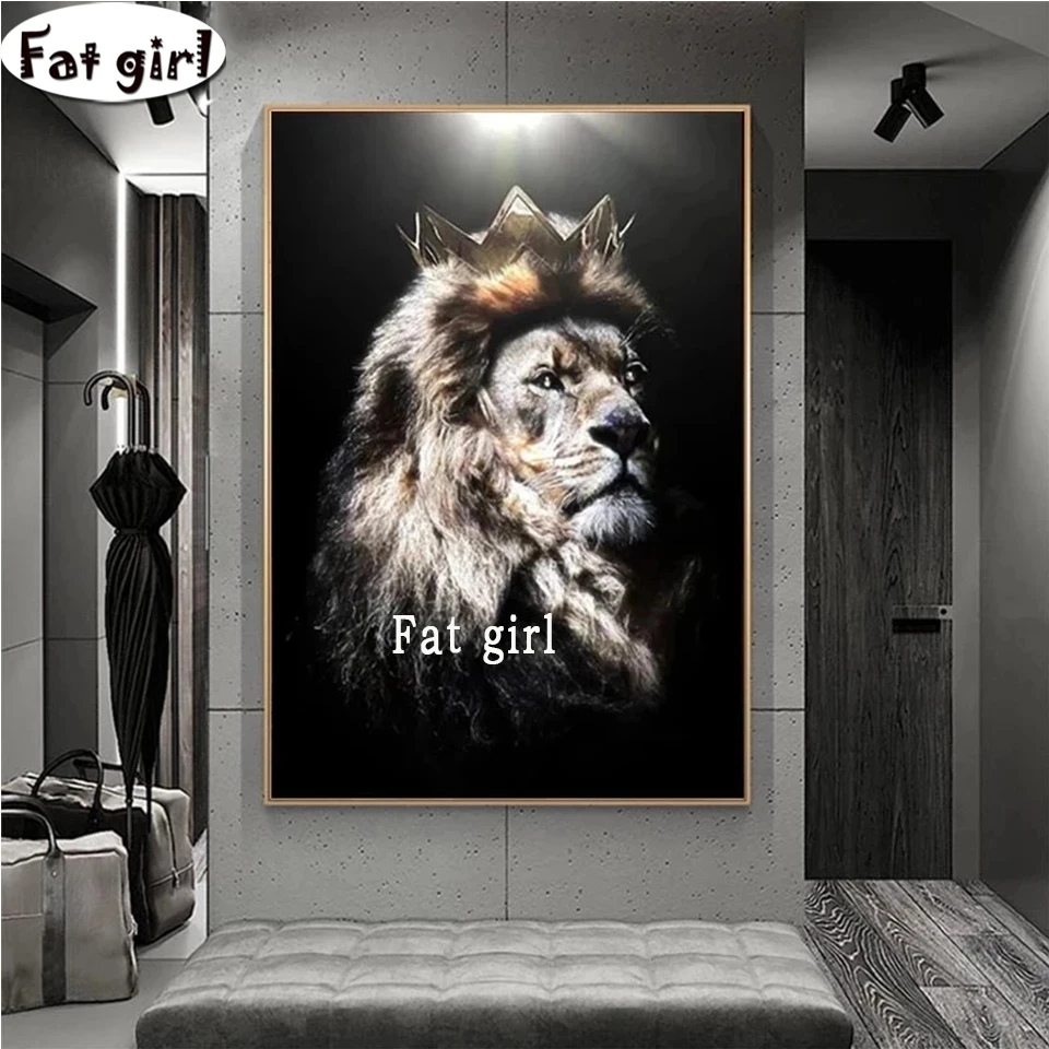 Modern Animal Art Lion Head With Crown Diamond Paintings King Of Nordic Beasts Picture Square Round Drill Embroidery Wall Art