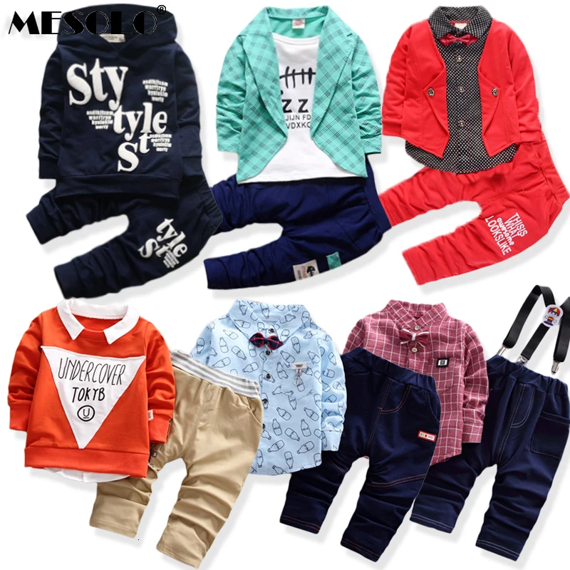 Осенний комплект одежды для маленьких мальчиков футболка в клетку с длинными