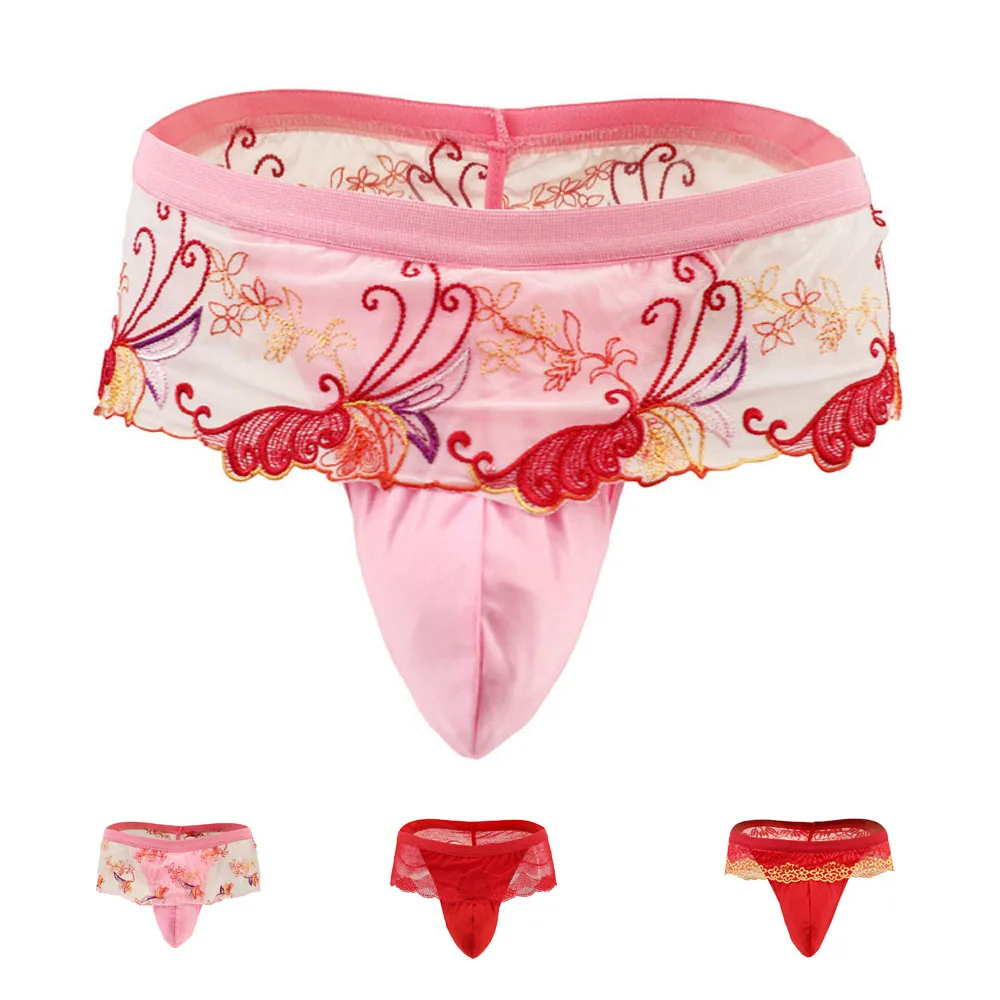 

Sexy Mens Underwear Pink Red Gauze Embroidery Thongs G-String Pouch With Skirt Design Sissy Lace Underpants ZJH1019-1