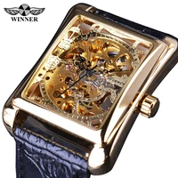 winner unique rectangle vintage men black golden leather strap transparent skeleton mechanical watch manual winding clock luxury