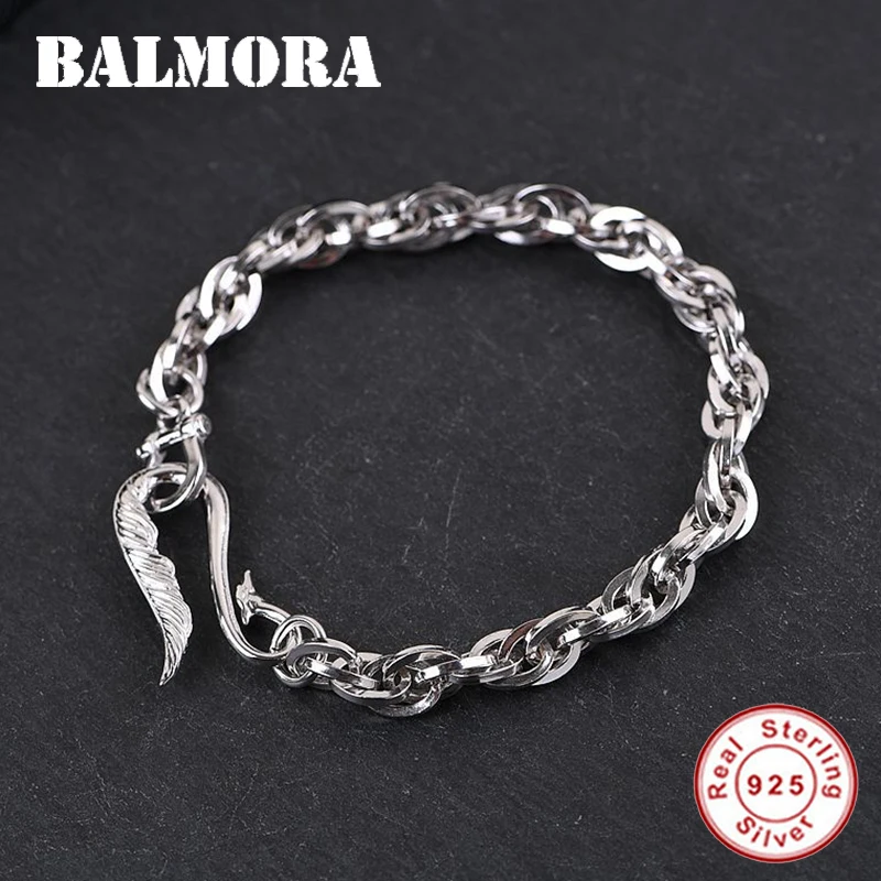 

BALMORA 20cm Real 100% 925 Sterling Silver Feather Bracelet For Women Men Pendant Chain Bracelet Fashion Brace Lace Jewelry Gift
