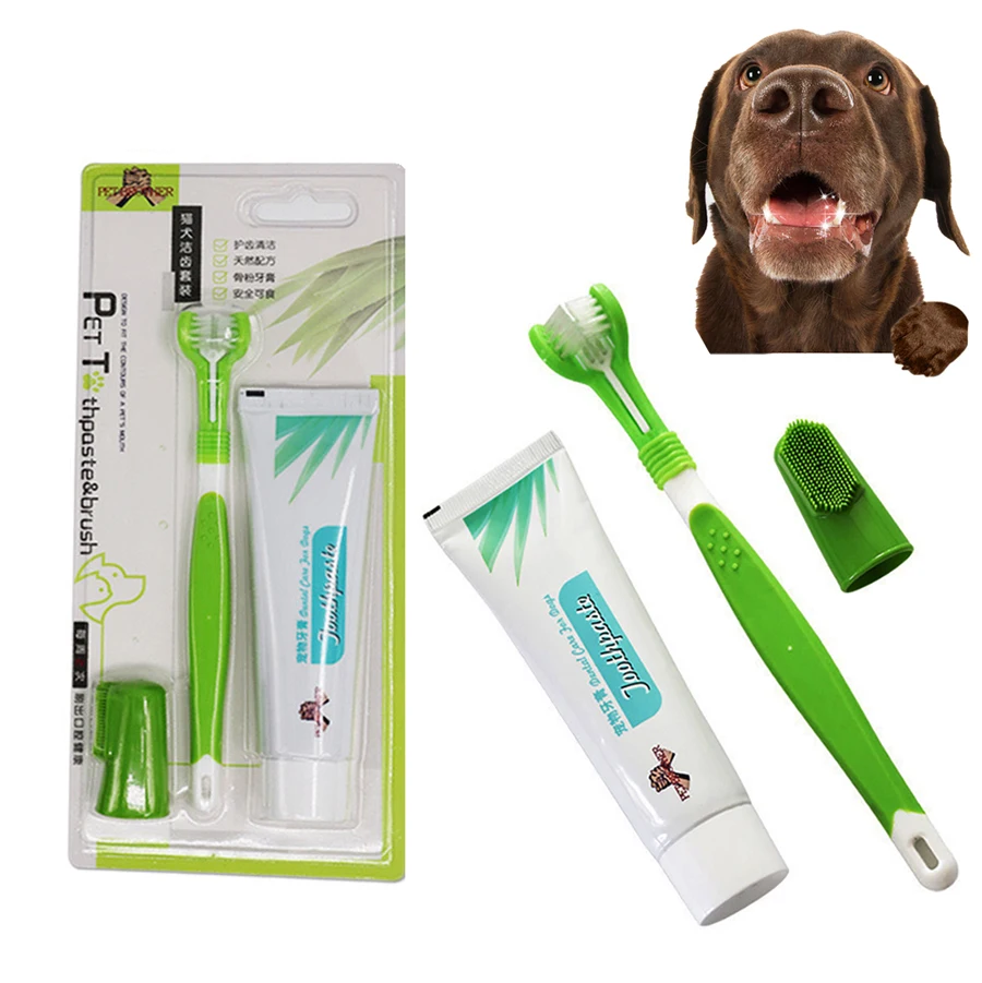 

Pet Toothbrush Toothpaste Kit Three Sided Dog Brush Addition Bad Breath Tartar Teeth Care Dog Cat Cleaning Mouth Dog toothbrush