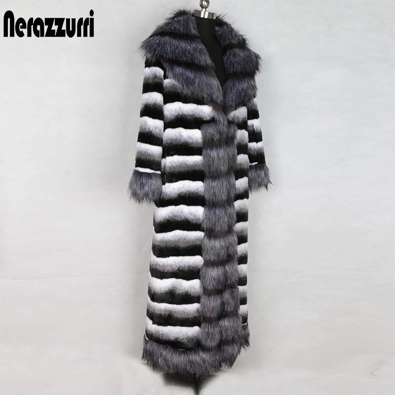Нерадзурри зима удлиненный шуба из Шиншиллы с бренд Fox fur Trim Длинные рукава теплые большие размеры, британский стиль, пальто с искусственным мехом 5xl 6xl шуба из искусственного меха большого размера пальто меховое