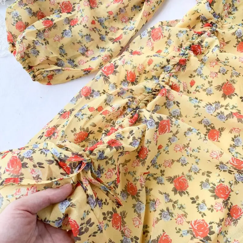 

French retro style floral chiffon dress female Slim long sleeve ruffles drawstring high waist dresses ruffled boho print dress