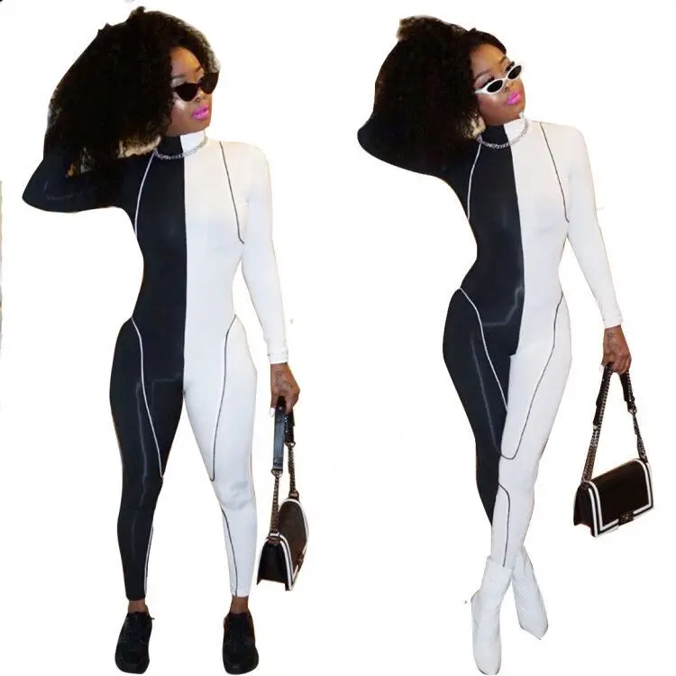 

Белый черный лоскутный Облегающий комбинезон Женская одежда лето 2020 Комбинезоны сексуальные Клубные наряды с длинным рукавом Обтягивающи...