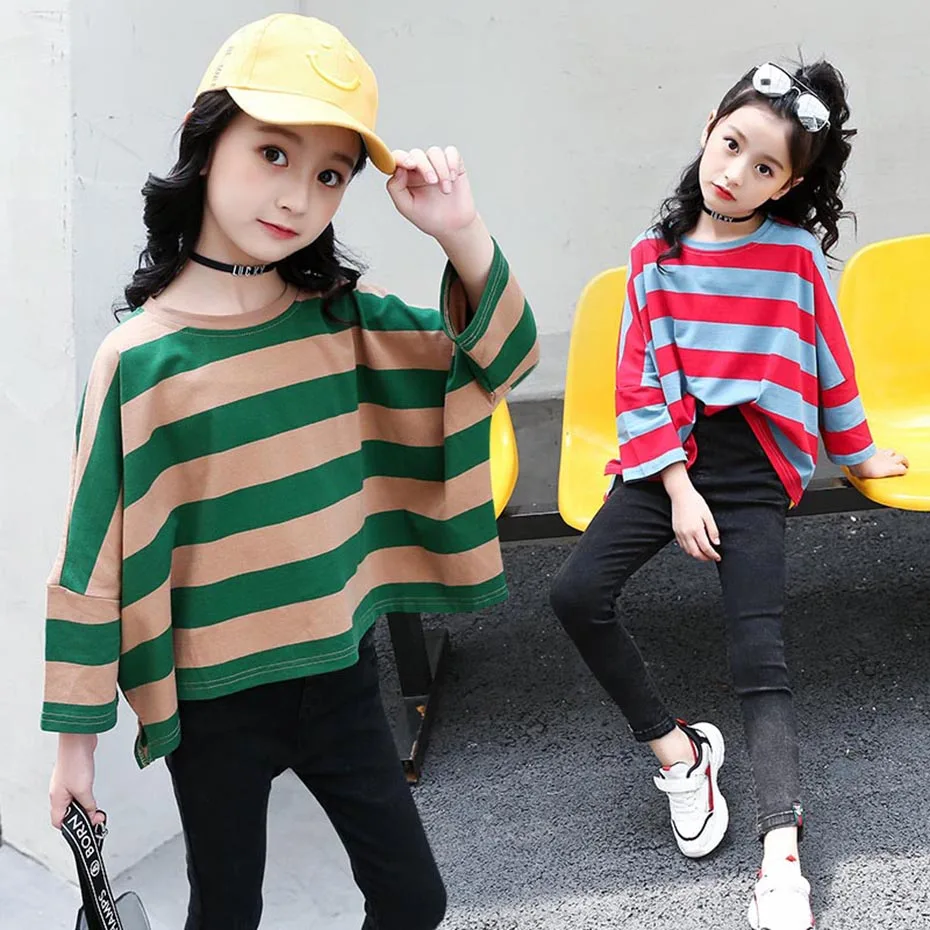 Детская футболка полосатые футболки для девочек Футболка с рукавами летучая