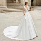 Кружевная атласная юбка UZN, свадебные платья в стиле бохо с V-образным вырезом и длинными рукавами, платья невесты с карманами и бантом, свадебное платье, бальное платье