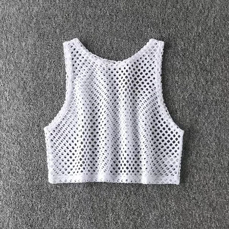 

2021 Tank Tops Sexy Mesh Fashion Hollow Out O Neck Sleeveless Perspective Solid Color Personalized Joker Ultra Short Vest