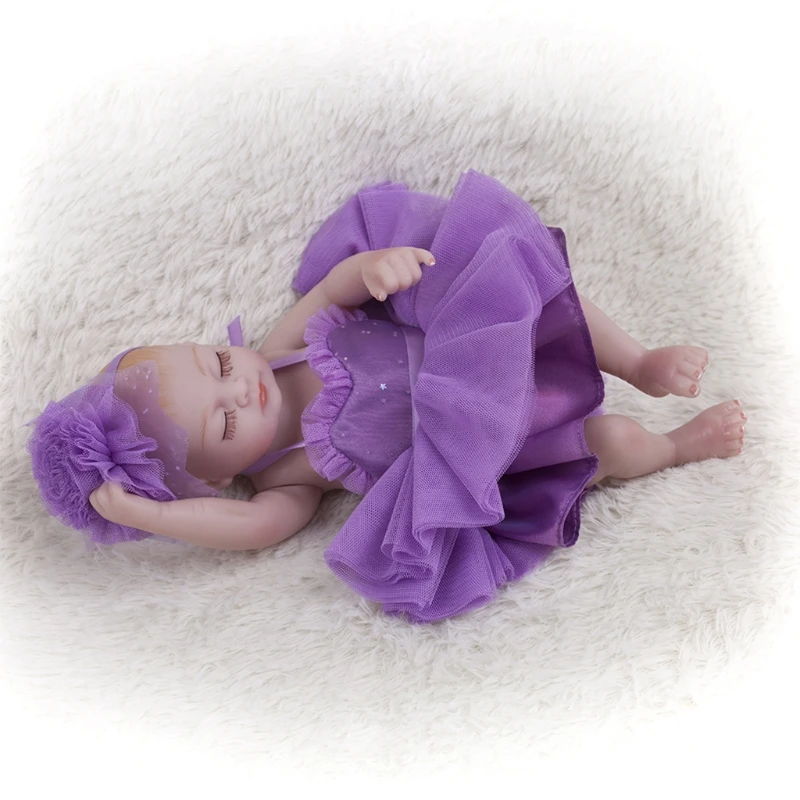

Mini Doll Girls Sleeping in Vinyl Silicone Bodies Handmade Toys and Purple Dress 97BC