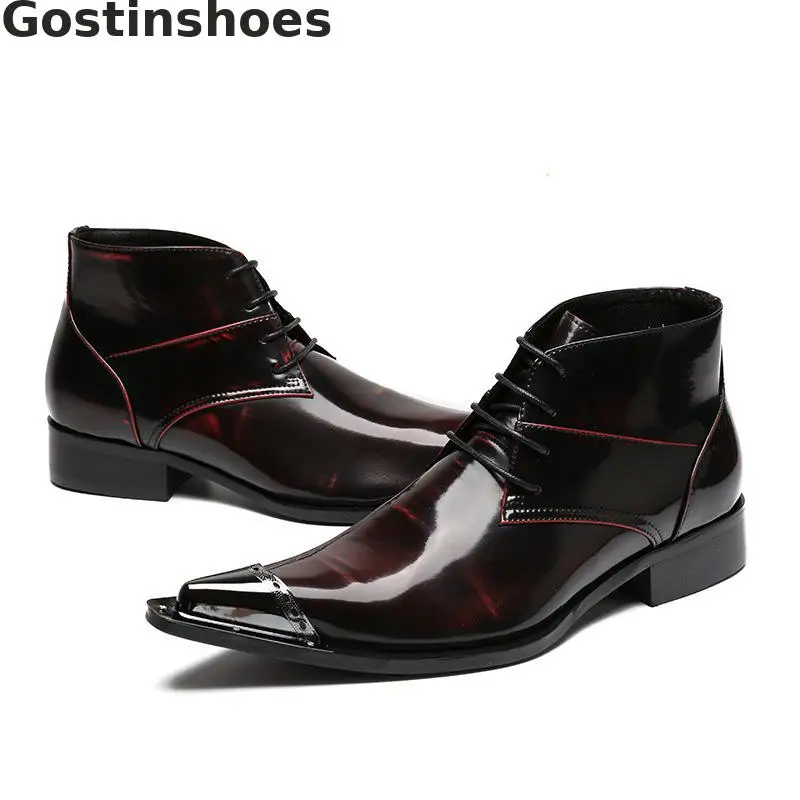 Martin Boots Brown Genuine Leather Lace-up Fashion Men Winter Pointed Metal Capped Toe Short Ankle Height Increased | Обувь