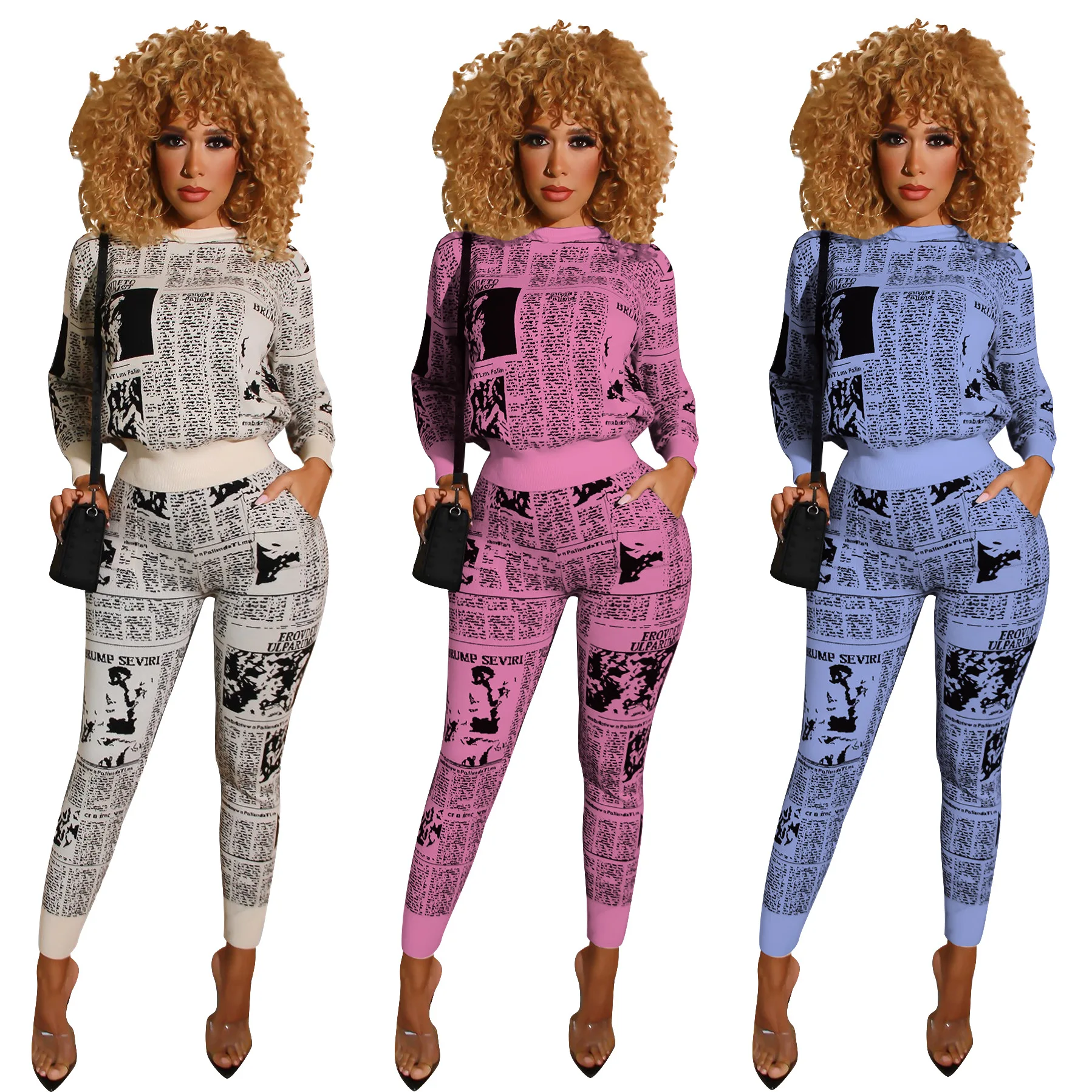 Повседневный комплект из двух предметов с газетным принтом Осень зима 2019 женский