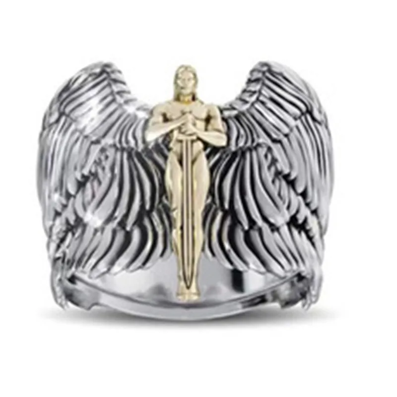 

Milangirl Punk Men's Ring Retro Angel Wings Cross Signet Rings For Men Vintage Goddess Of Justice Anillos Viking Jewelry