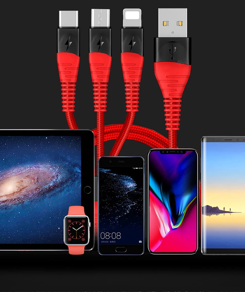 ACCEZZ 3 в 1 USB зарядное устройство кабель для передачи данных 3A Быстрая зарядка для iPhone 7 8 6 X XS XR samsung Xiaomi huawei прочный кабель для мобильного телефона