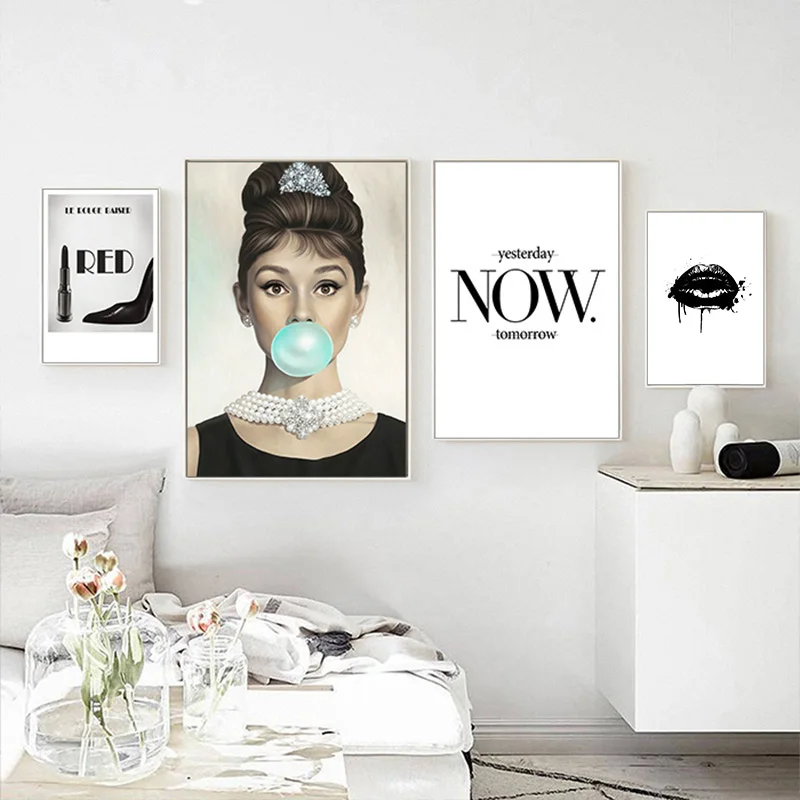 Одри Мэрилин пузырь модный постер для девушек холст с черными губами настенная