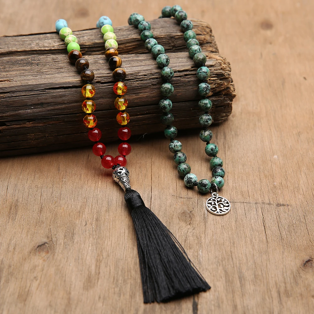 YUOKIAA 108 Mala Beads ожерелье с ручным узелком 7 Чакр Йога Медитация деревом жизни кулон