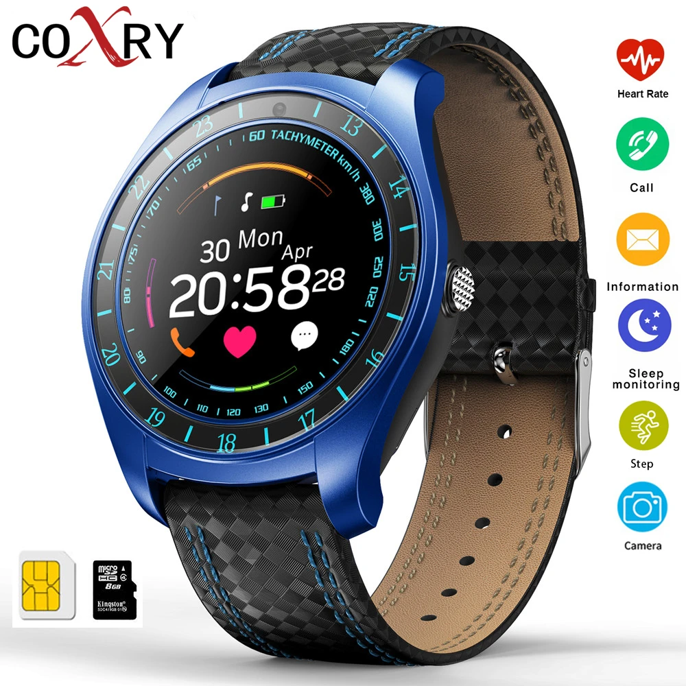 COXRY, умные спортивные часы для мужчин, для звонков, телефона, sim-карты, камеры, монитор сердечного ритма, шагомер, углеродное волокно, ремешок, музыкальные умные часы