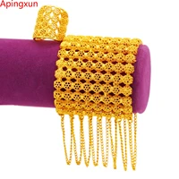 apingxun new arrival 24k gold color tassles cuff braceletring set frenchafricanarab women bridal wedding jewelry party gifts
