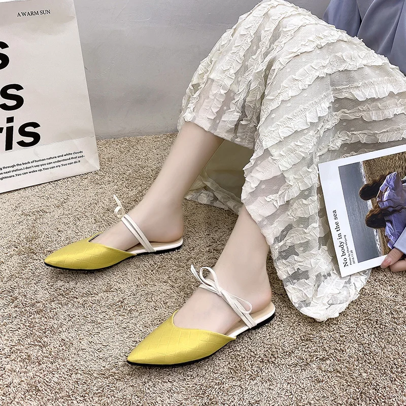 

Pointed Toe Shoes Woman's Slippers Slides Fashion 2021 Soft Flat Cover Luxury Casual Rubber PU Rome Spring Leisure Shoes Slipper