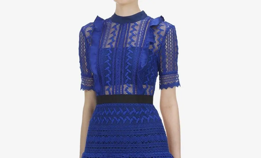 

JSXDHK New Women 2020 Summer New Hollow hook flower Ruffles Patchwork Short Sleeve Mid Lace Dress Sapphire Long Lace Dress