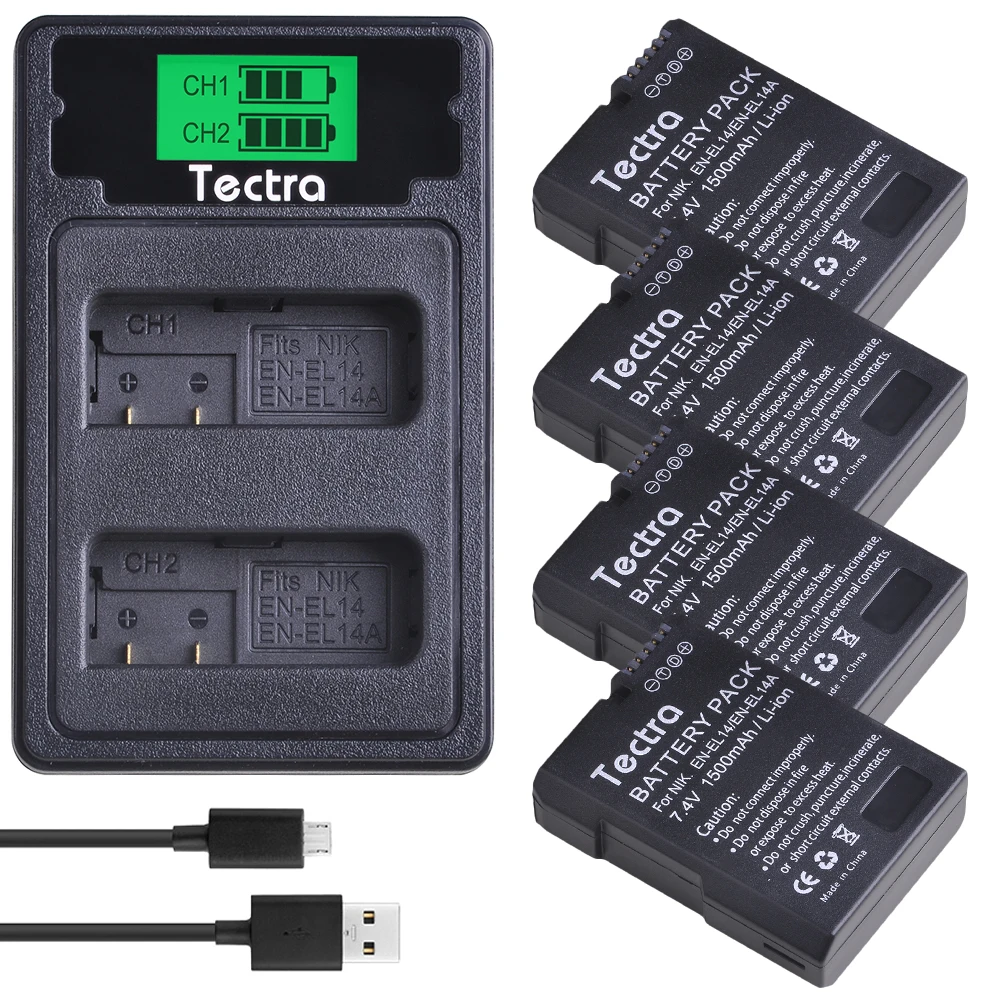 

4PCS 1500mAh EN-EL14 EN-EL14A ENEL14 Battery for Nikon D3100 D3200 D3300 D3400 D3500 D5600 D5100 D5200 P7000+LCD Battery Charger