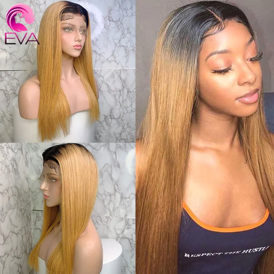 

Eva Волосы Бразильские Remy T1B/27 прямые 13х6 кружевные передние человеческие волосы парики отбеленные узлы предварительно выщипывают с волосами...