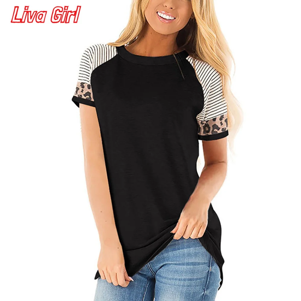 Big Size Women Clothing 2020 Summer Tops Leopard Print Casual Tee Shirt Striped Patchwork T Female O-Neck Loose |