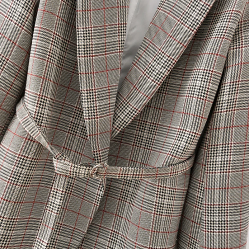 

Spring Autumn Women Plaid Blazers Blet With Causal Suit Ladies Loose Jackets Elegant Girls Long Sleeve Outfits Suit