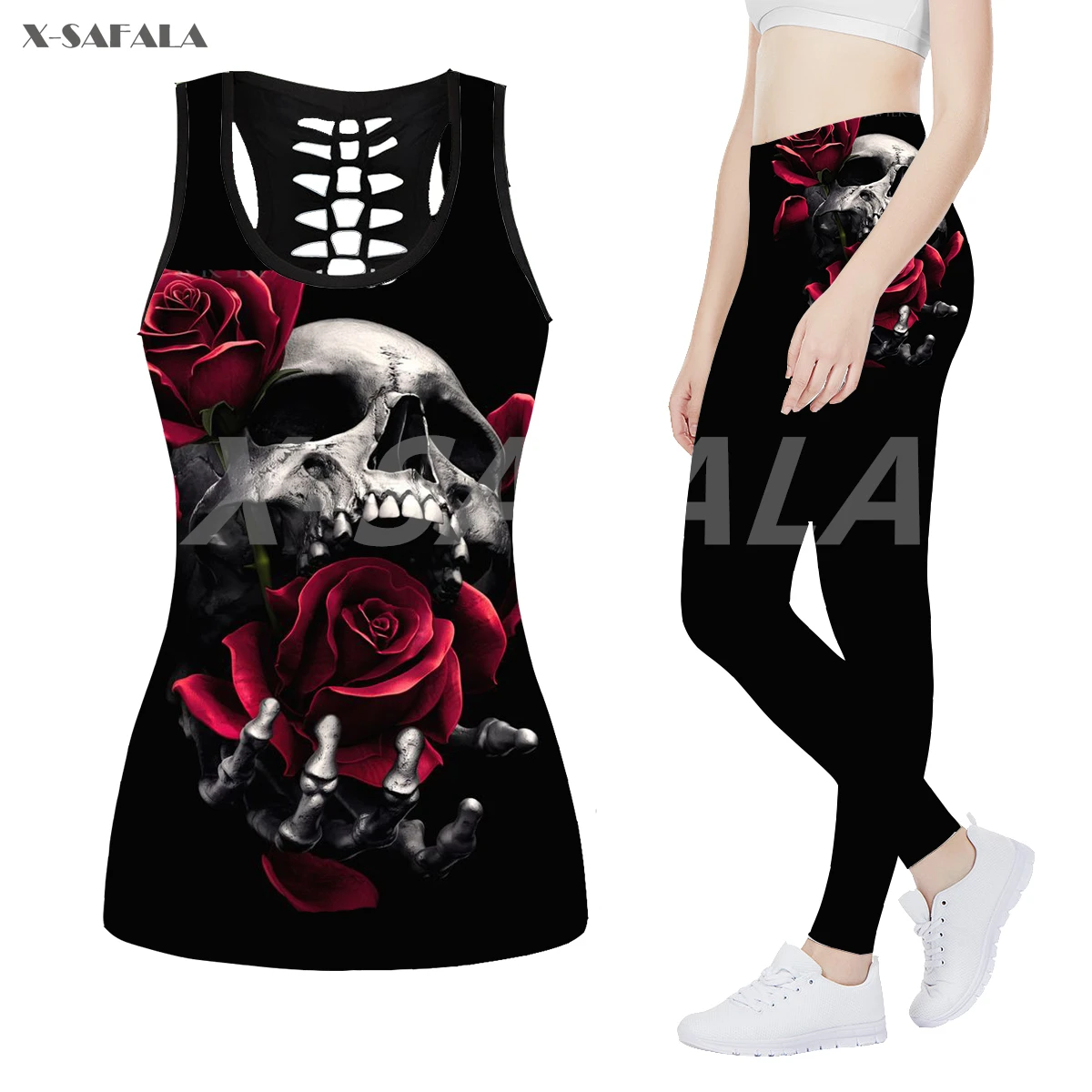 

Skull Dance Girl Flower 3D Printed Fitness Women Yoga Set 3 Hollow Tank Top Leggings Outfit High Waist Stretchy Sport Pants