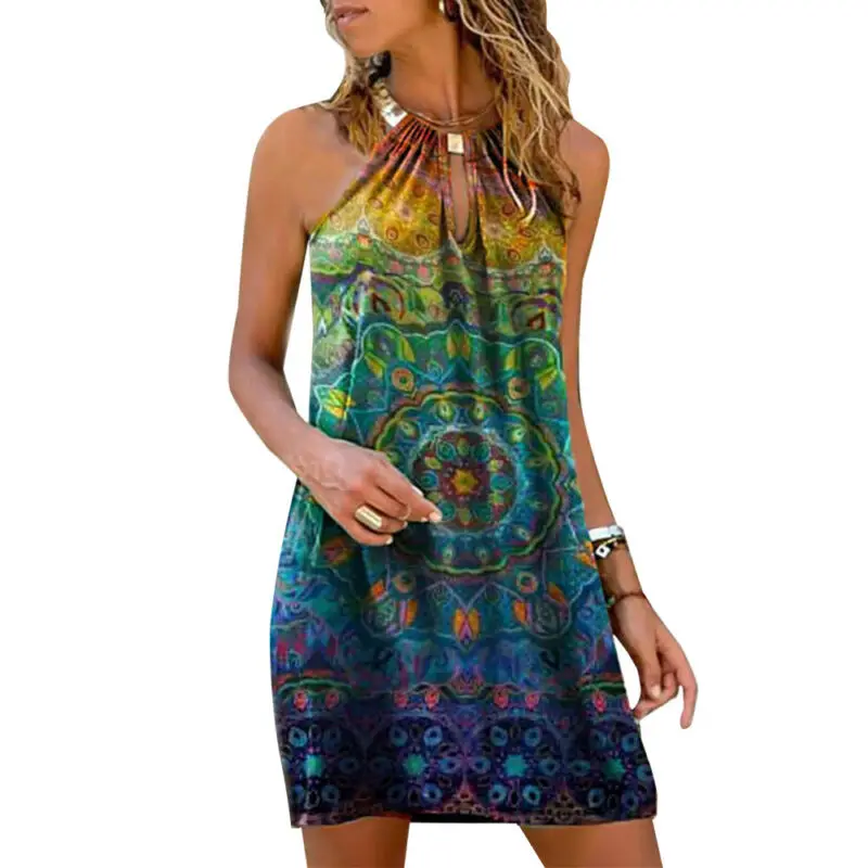 

VICABO Womens Dresses 2021 Sleeveless Floral Halter Neck Woman Clothes Mini Dress Casual Sundress Summer Dress