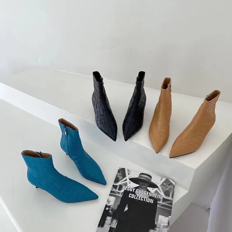 

Fashion Women Ankle Boots Weave Design Short Booties Pointed Toe Side Zipper Thin Low Heels Black Blue Yellow Winter Boots Shoes