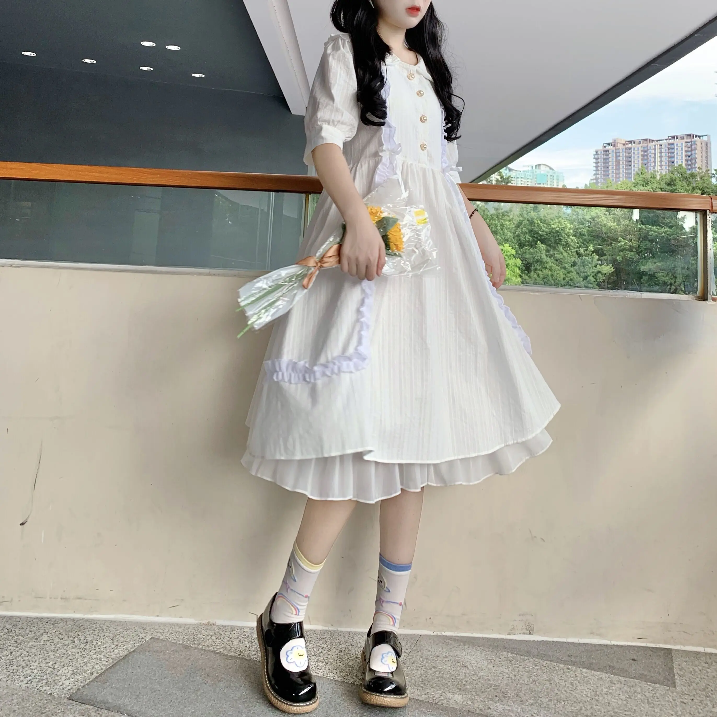 Женское платье с кукольным воротником белое в японском стиле свободное