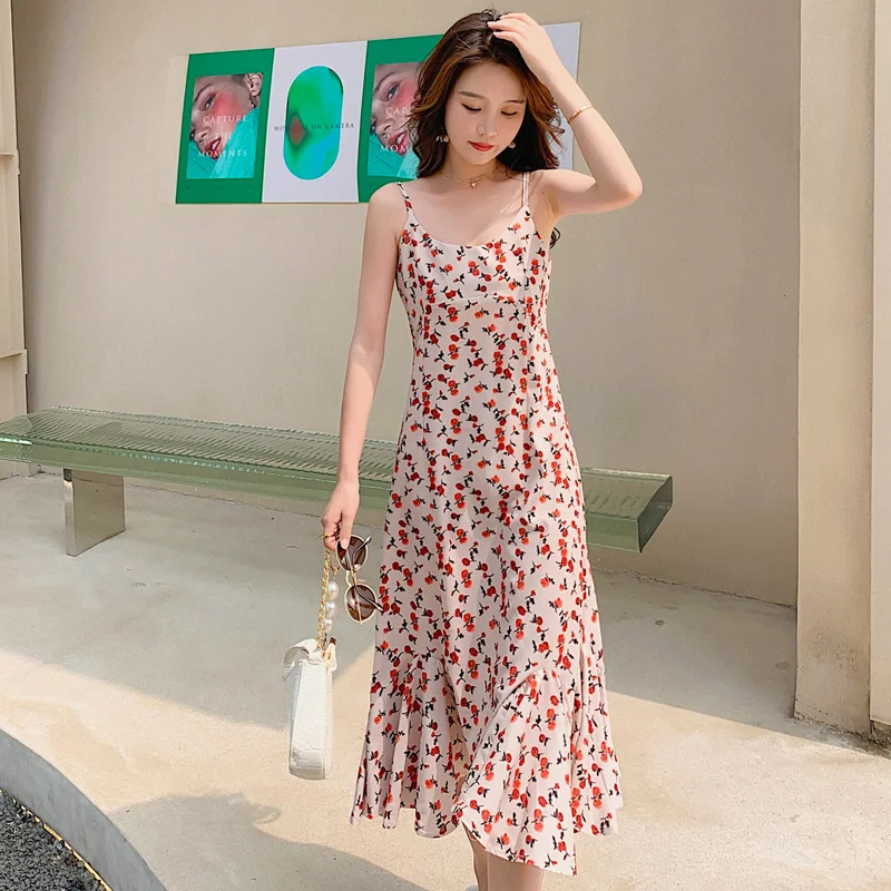

Red Floral Maxi Dress Summer French One piece Sleeveless Backless Sexy High Waist Slim Bohemian Elegant Dress For Women