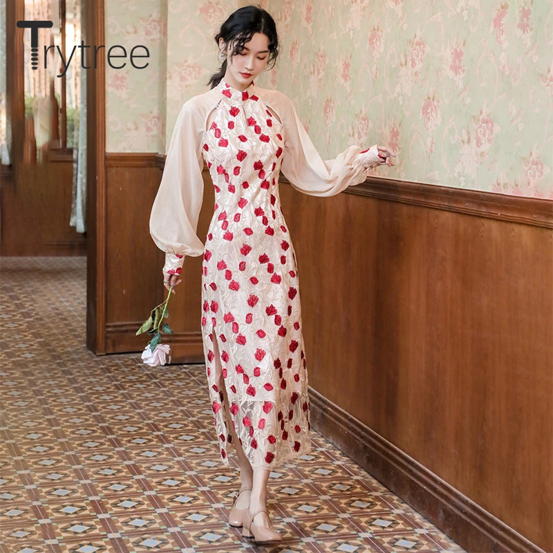Весеннее женское платье Trytree 2020 Повседневное с воротником-стойкой и