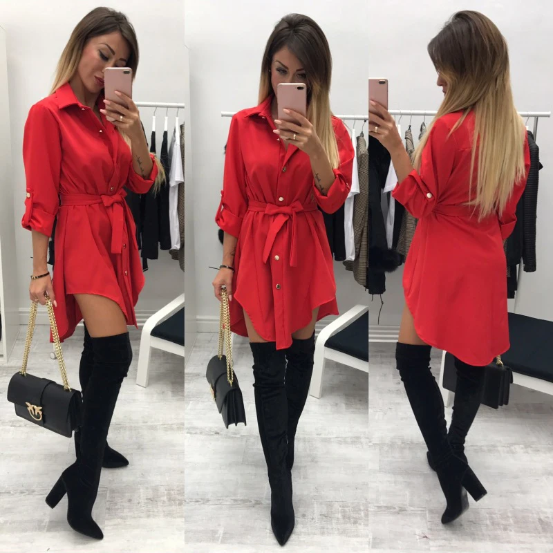 Женское Короткое платье-рубашка с запахом асимметричное поясом длинным рукавом