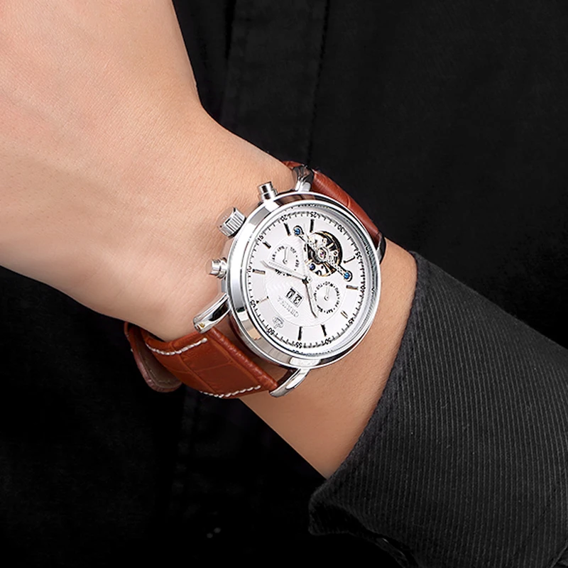 Мужские автоматические механические часы с ремешком из натуральной кожи |