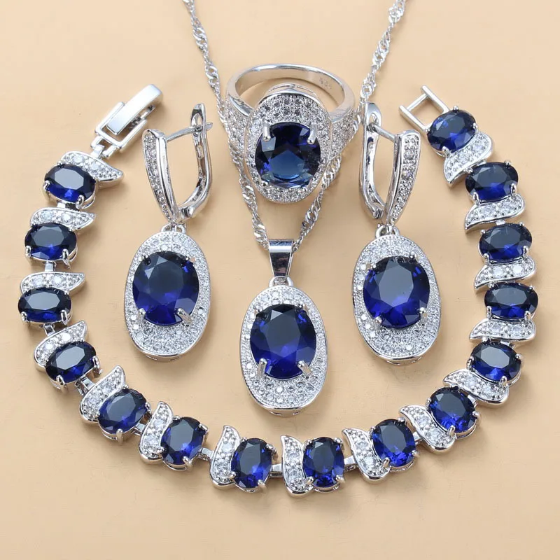 Женский Свадебный костюм с овальным синим цирконием 4 шт. серебристого